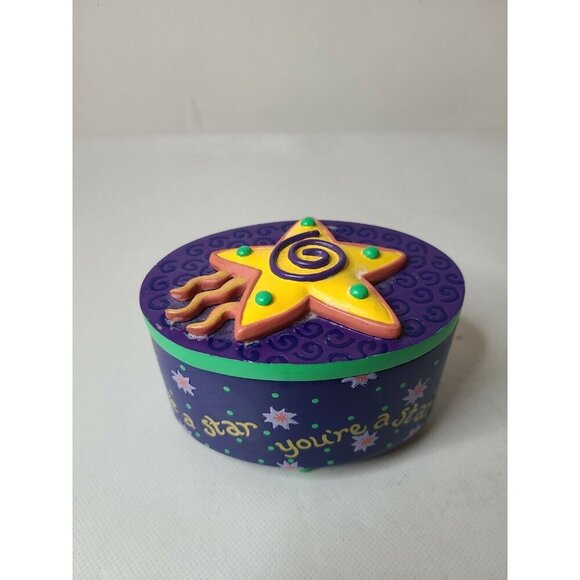 VTG Bright Star Designs Blue Yellow 3D Star Lid Footed Jewelry Trinket Box Retro - Picture 2 of 10